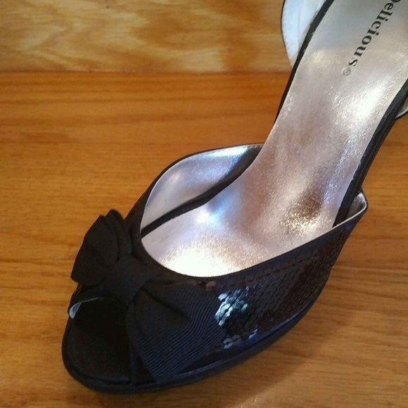 ✨HOST PICK!✨  Sequin D'Orsay Open-Toe Pumps with Satin Bows, Black, size 8 - Picture 3 of 8